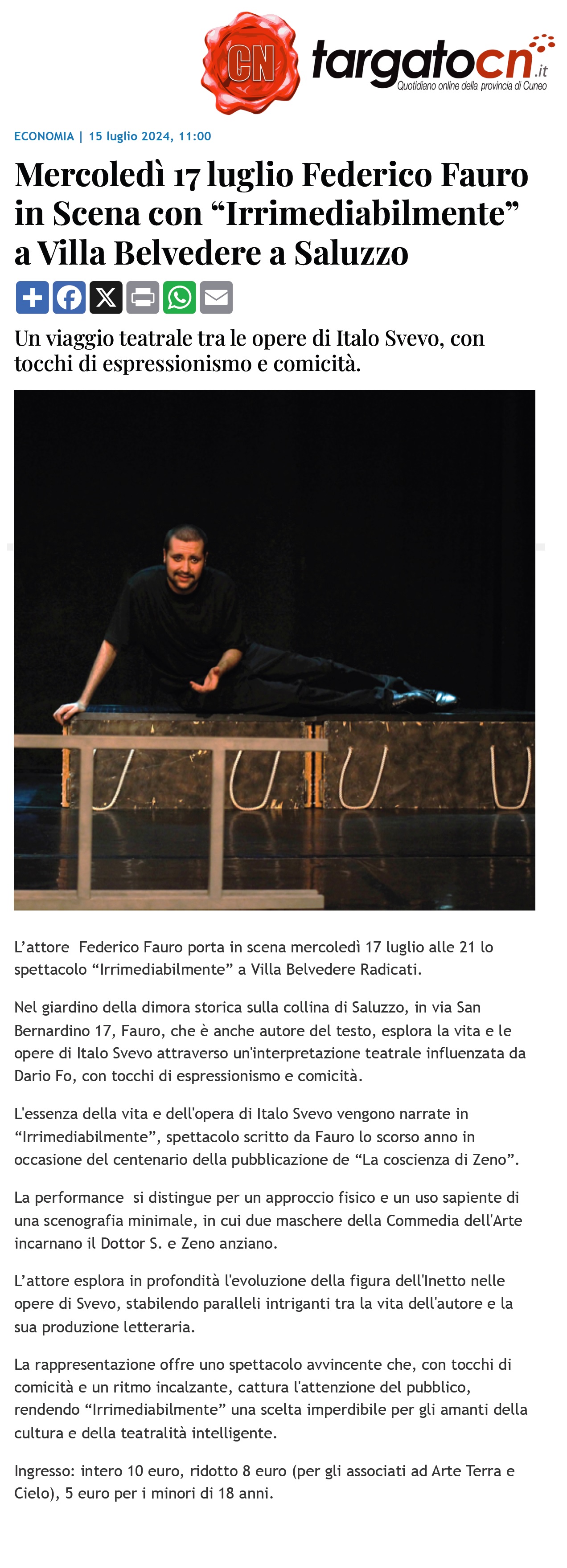 Targato CN - Mercoledì 17 luglio Federico Fauro in Scena con “Irrimediabilmente” a Villa Belvedere a Saluzzo